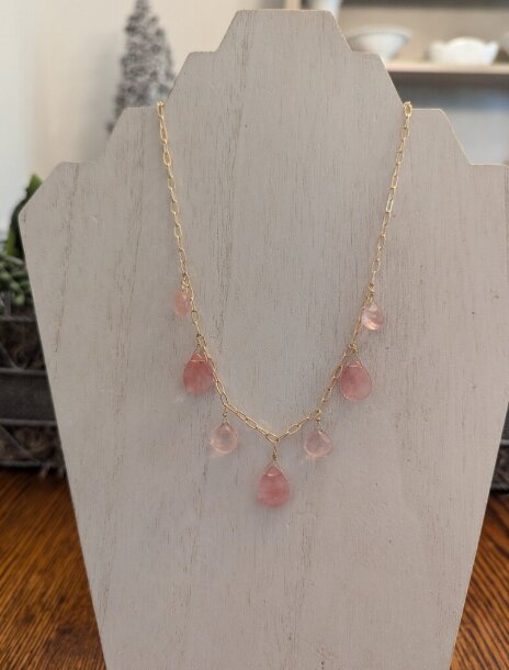 Gold chain necklace with cherry quartz teardrop stones