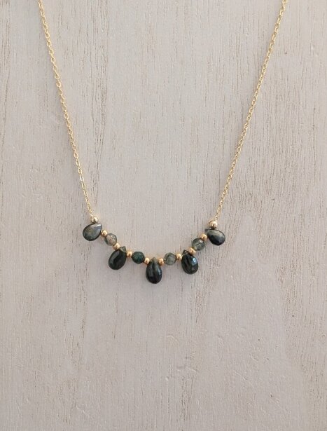 Gold necklace with a row of labradorite briolette stones