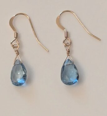 Gold earrings with faceted blue topaz briolette drops